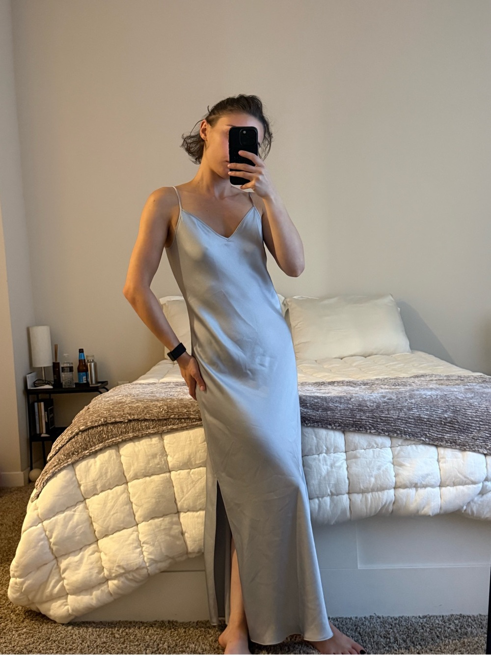 All Saints Silver Satin Slip Dress with Adjustable Straps